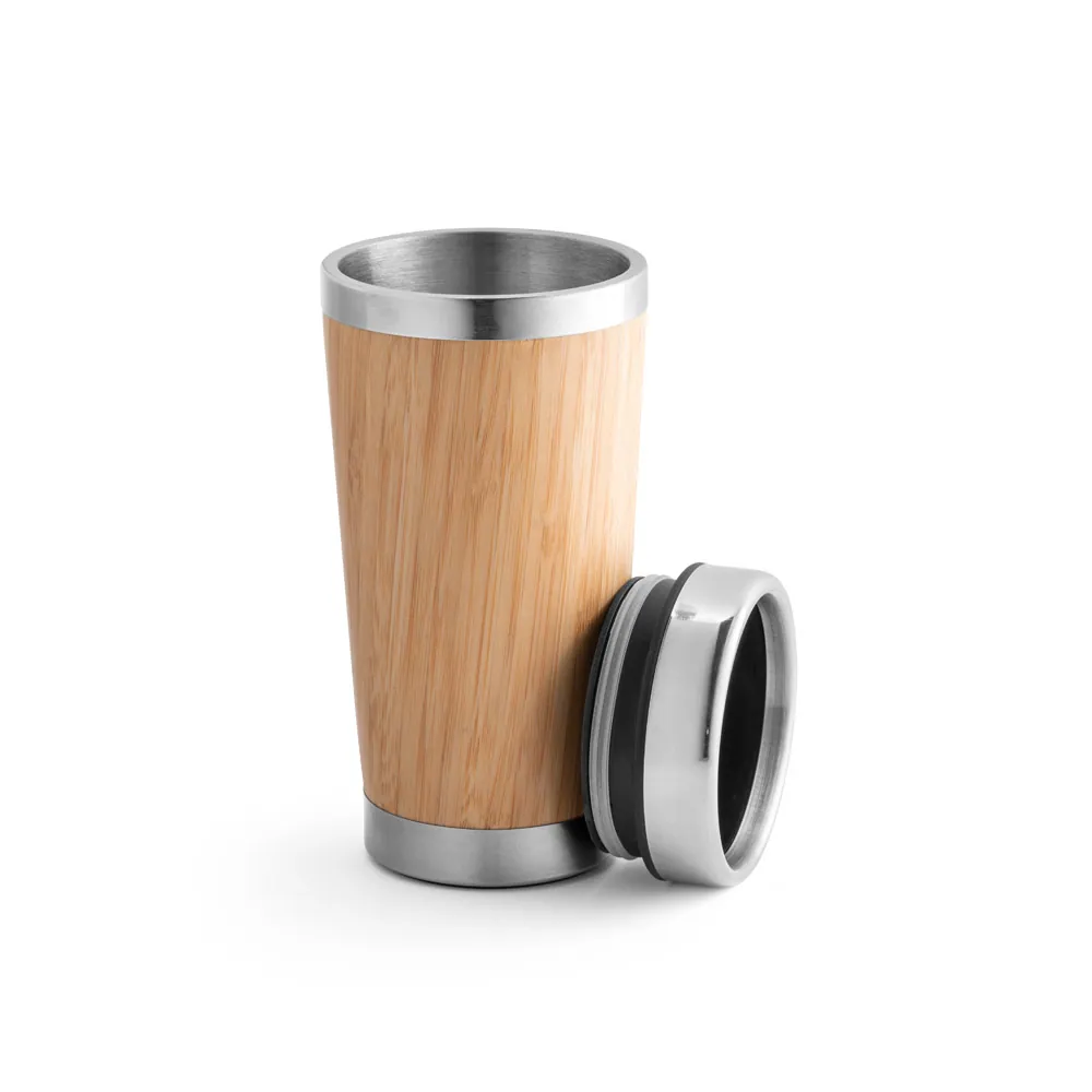 PIETRO. Copo de viagem térmico em aço inox e bambu, de parede dupla isolada a ar (500 mL) - Thumbnail 2