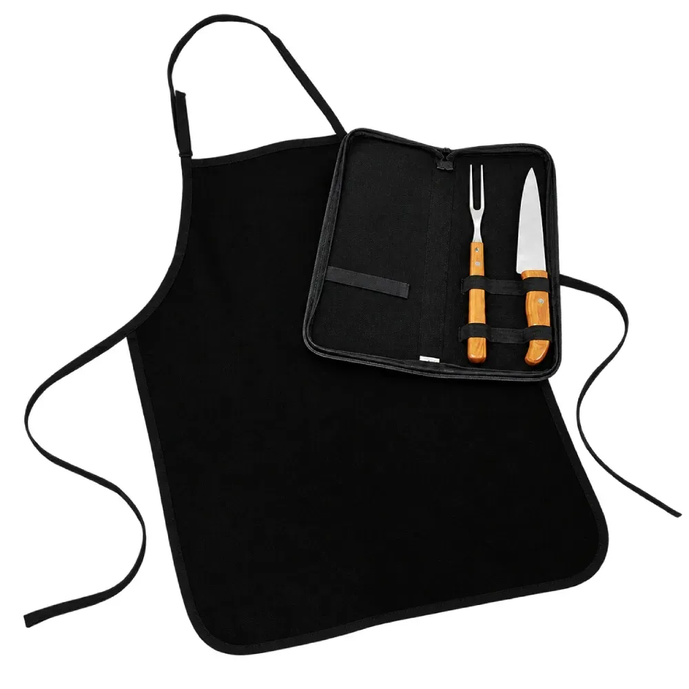 Kit Garfo, Faca Inox/Bambu Com Estojo E Avental - 4 Pçs