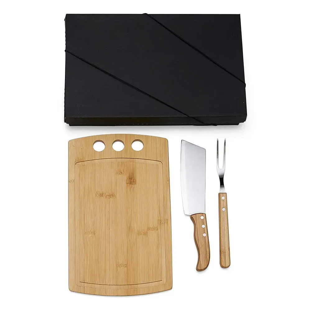 Kit Para Churrasco E Cozinha Em Bambu / Madeira / Inox - 3 Pçs - Thumbnail 2