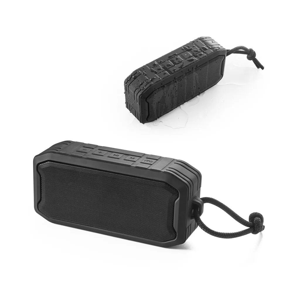 SHEERAN. Caixa de som portátil à prova de água (IPX7) com autonomia de 9h (1.200 mAh), em ABS 100% reciclado