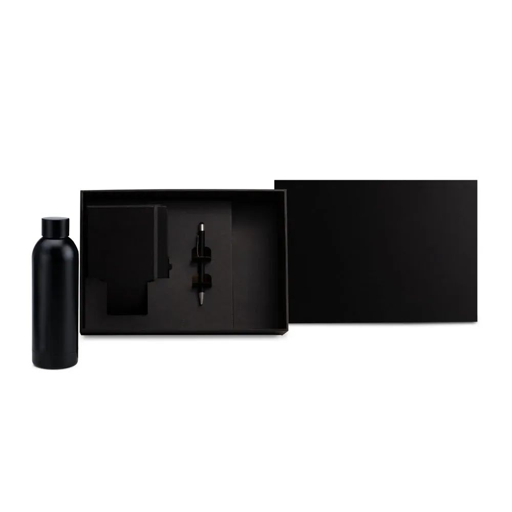 Kit Garrafa, Caderno E Caneta - Preto - 3 Pçs
