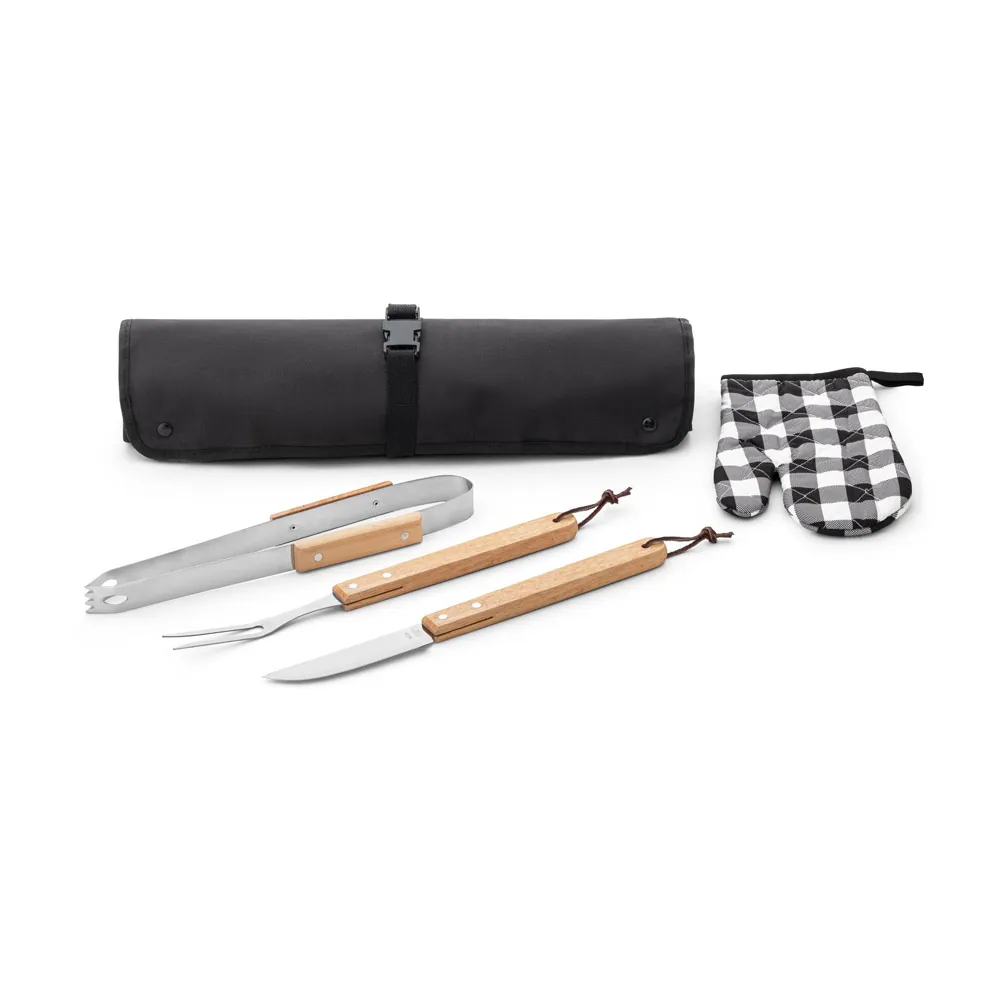 CHAMP. Kit churrasco com 3 utensílios em aço inox e madeira de Seringueira e luva - Thumbnail 7