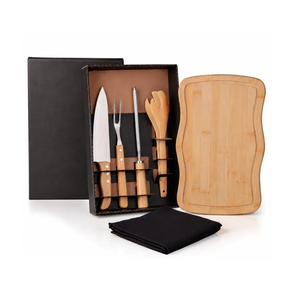 Kit Para Churrasco Em Bambu / Madeira / Inox Com Avental - 6 Pçs