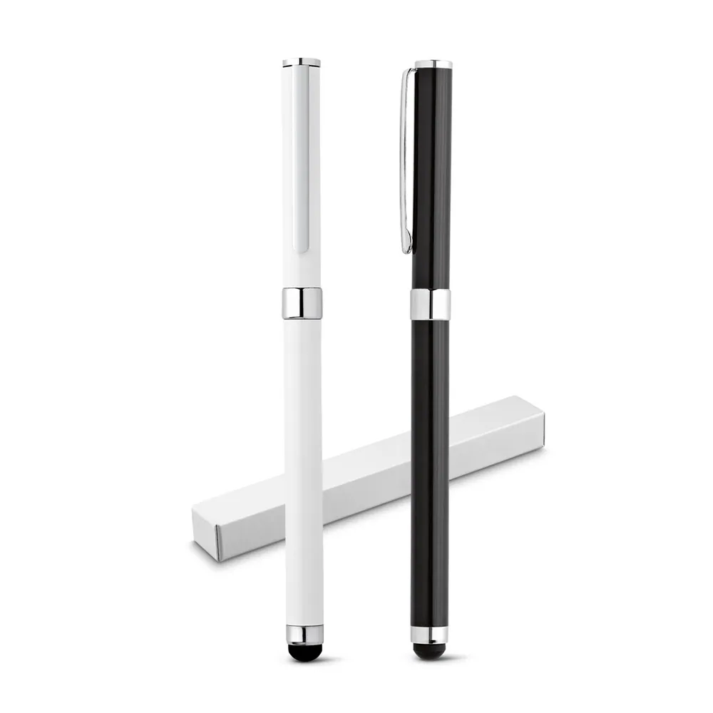 TOUCH. Caneta roller em metal com corpo brilhante e escrita em preto