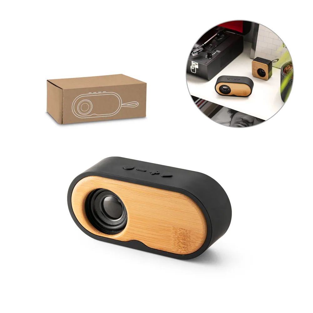 TILLY. Caixa de som portátil com autonomia de 5h (1.200 mAh), em bambu e ABS 100% reciclado