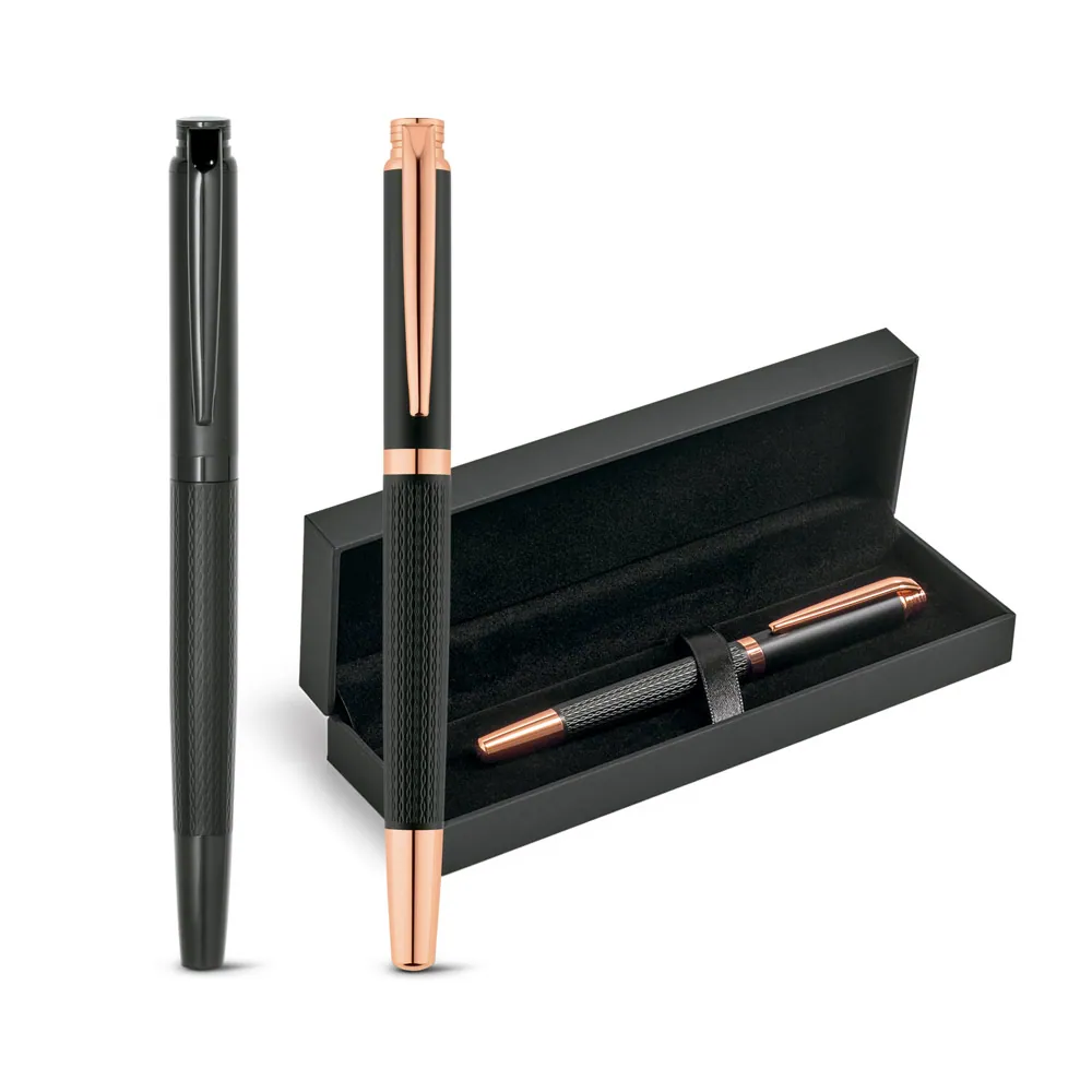 BLAZON. Caneta roller em metal com escrita em preto