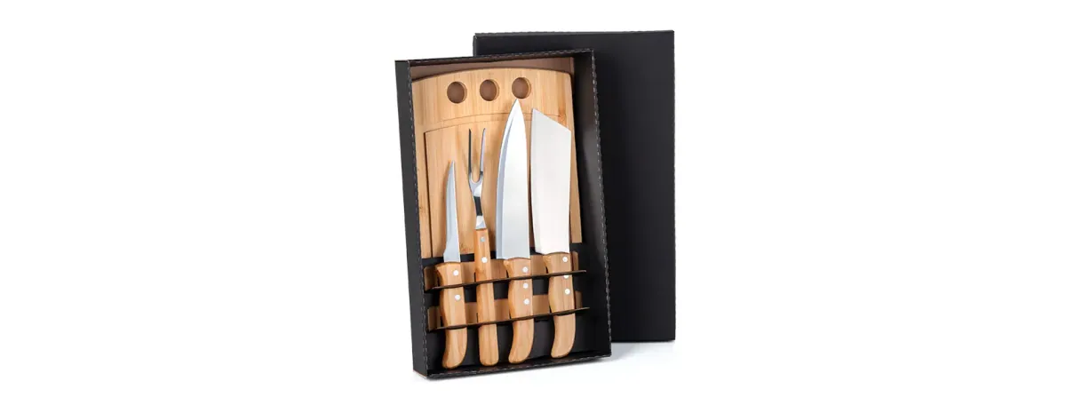 Kit Para Churrasco / Cozinha Em Bambu / Madeira / Inox - 5 Pçs