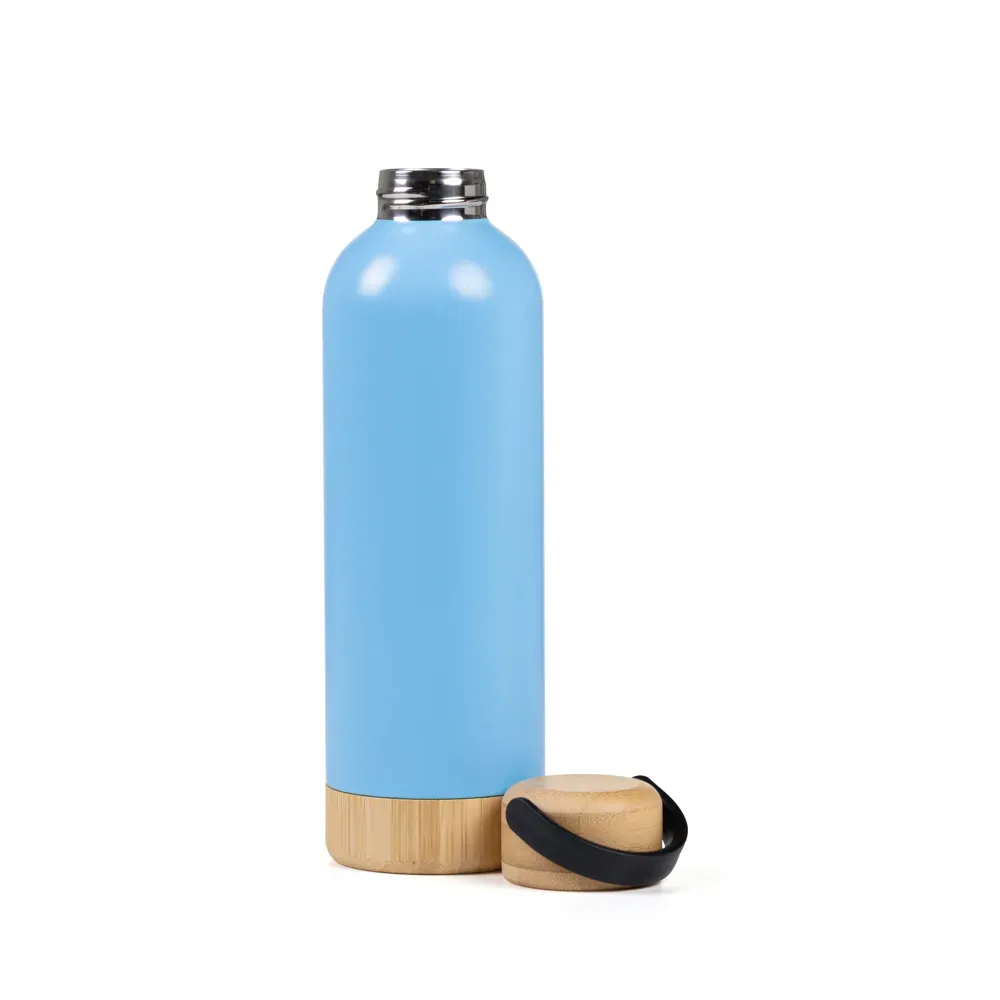 Garrafa Parede Dupla Com Detalhes Em Bambu - Azul - 500 Ml - Thumbnail 3