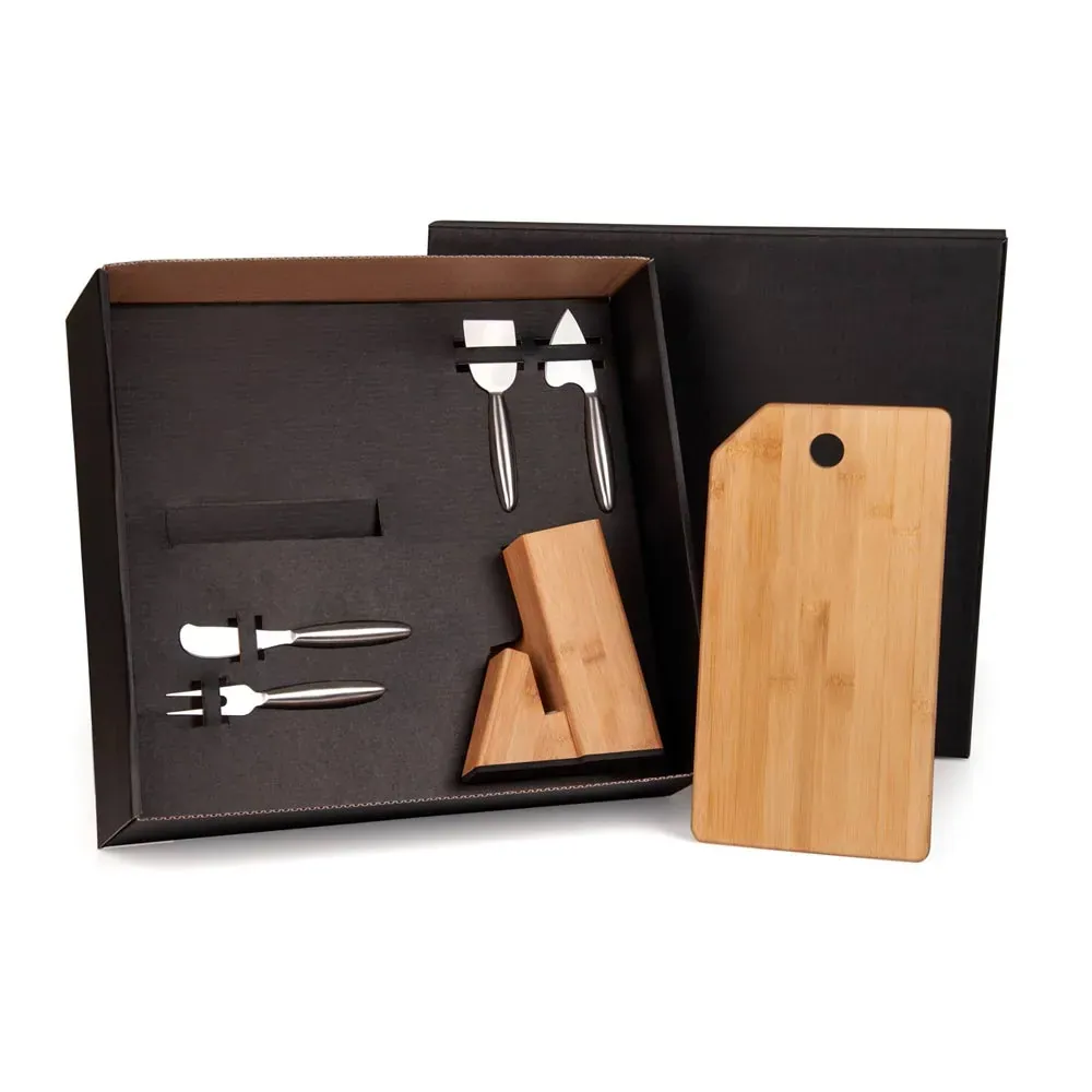 Conjunto Para Queijo C/ Cepo Em Bambu / Inox - 5 Pçs