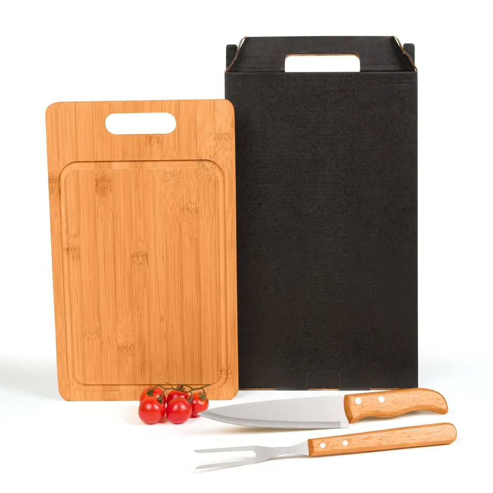 Conj. Para Churrasco Em Bambu / Madeira / Inox - 3 Pçs