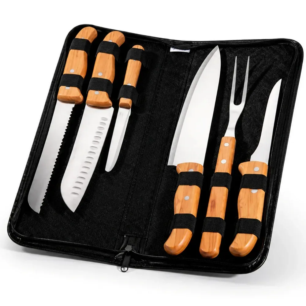 Conj. De Facas Bambu / Madeira / Inox Com Estojo Frankfurt - 7 Pçs