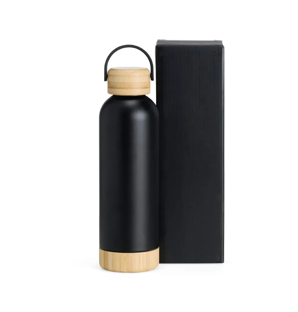Garrafa Parede Dupla Com Detalhes Em Bambu - Preta - 500 Ml