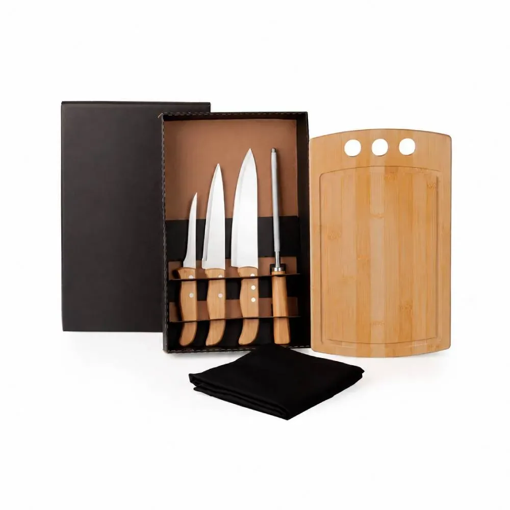 Kit Para Cozinha Em Bambu / Madeira / Inox Com Avental - 6 Pçs