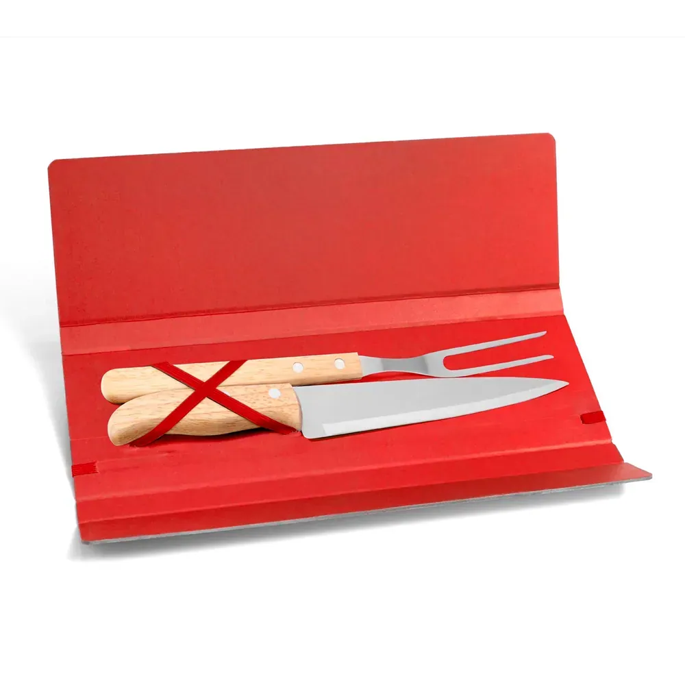 Kit Garfo E Faca Inox / Madeira Com Estojo Vermelho 3 Pçs - Thumbnail 2