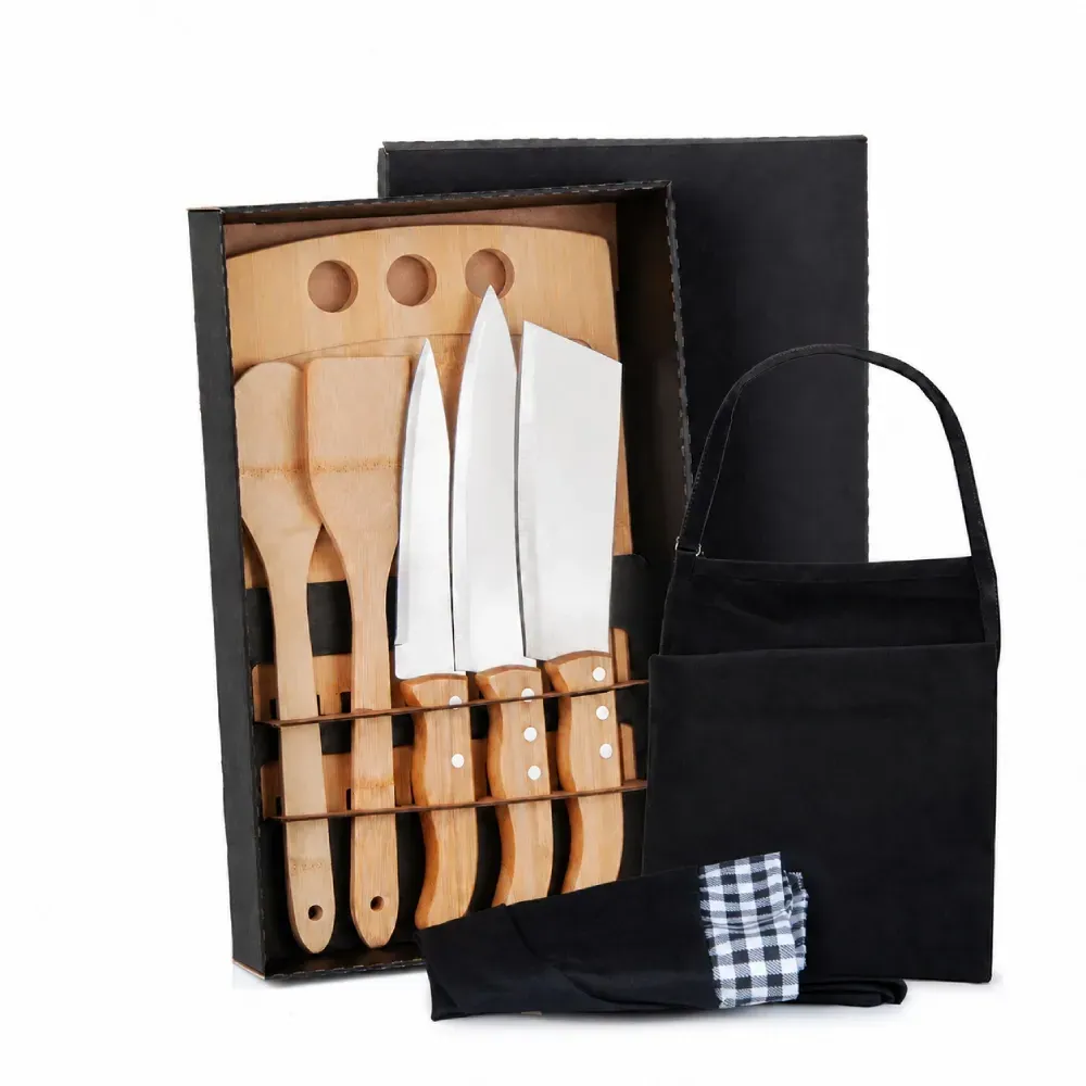 Kit Para Cozinha Em Bambu / Madeira / Inox Com Avental E Touca - 8 Pçs