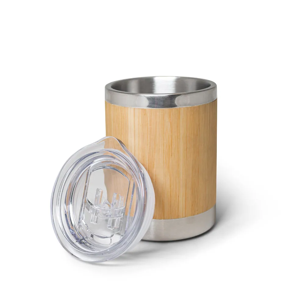 LYCKA. Copo de viagem térmico em aço inox e bambu, de parede dupla isolada a ar e fecho deslizante (350 mL) - Thumbnail 6