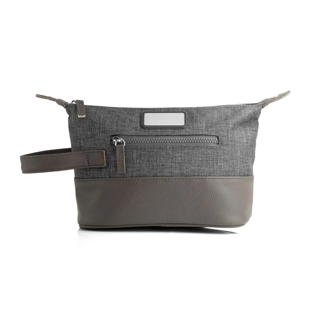 Necessaire Em Poliester 300D Com Detalhes Em Couro - Cinza - Thumbnail 2