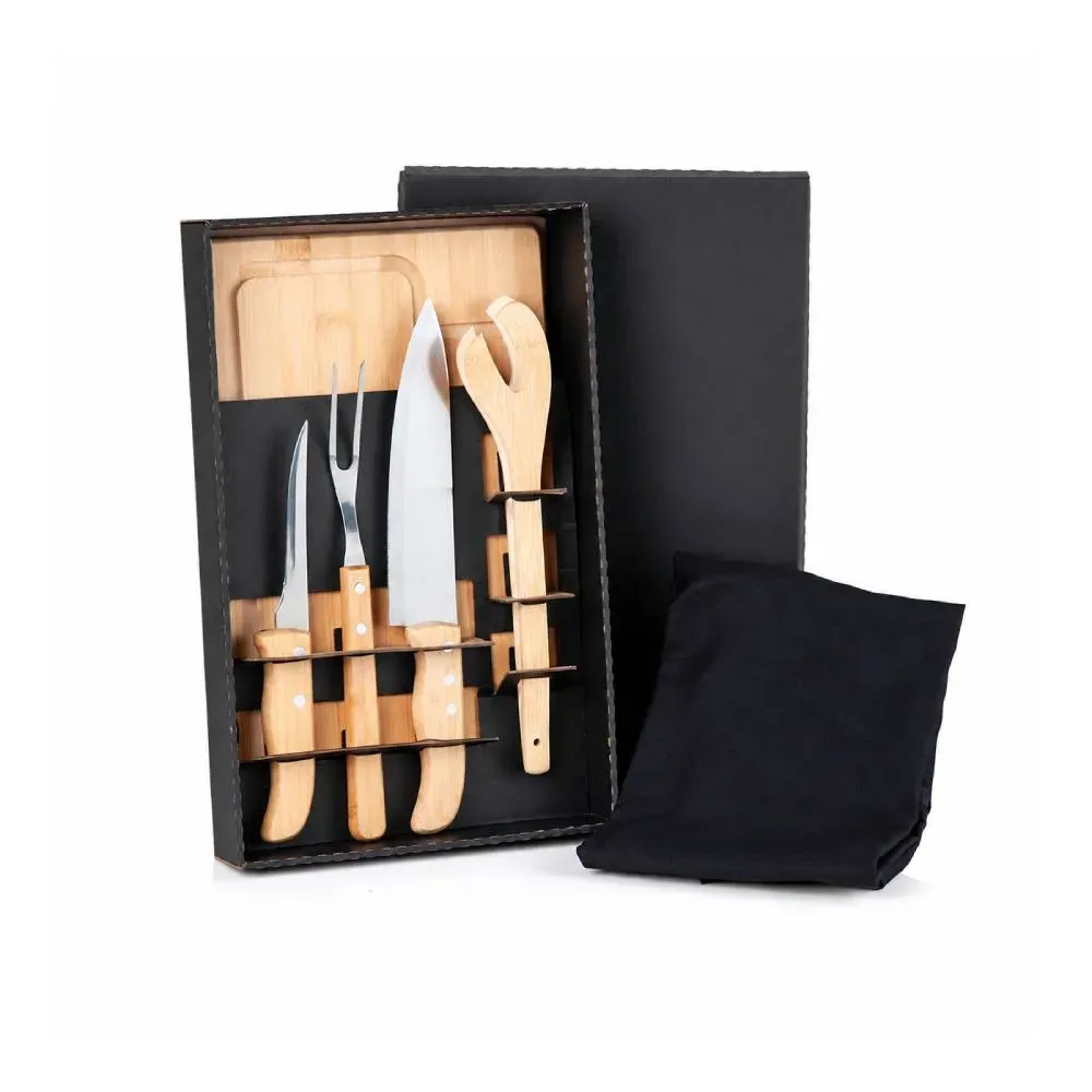 Kit Para Churrasco Em Bambu / Madeira / Inox Com Avental - 6 Pçs - Thumbnail 2