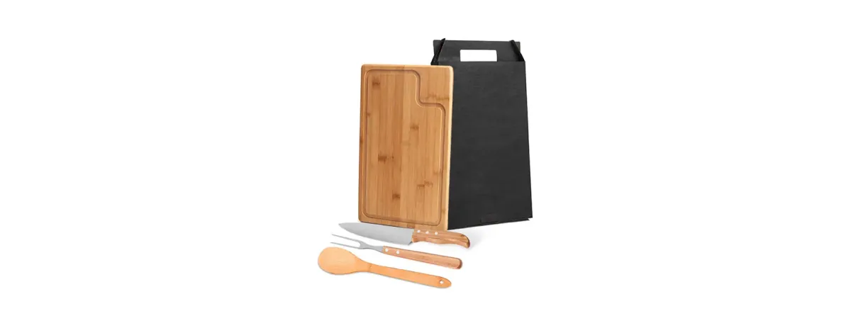 Conj. Para Churrasco Em Bambu / Madeira / Inox - 4 Pçs