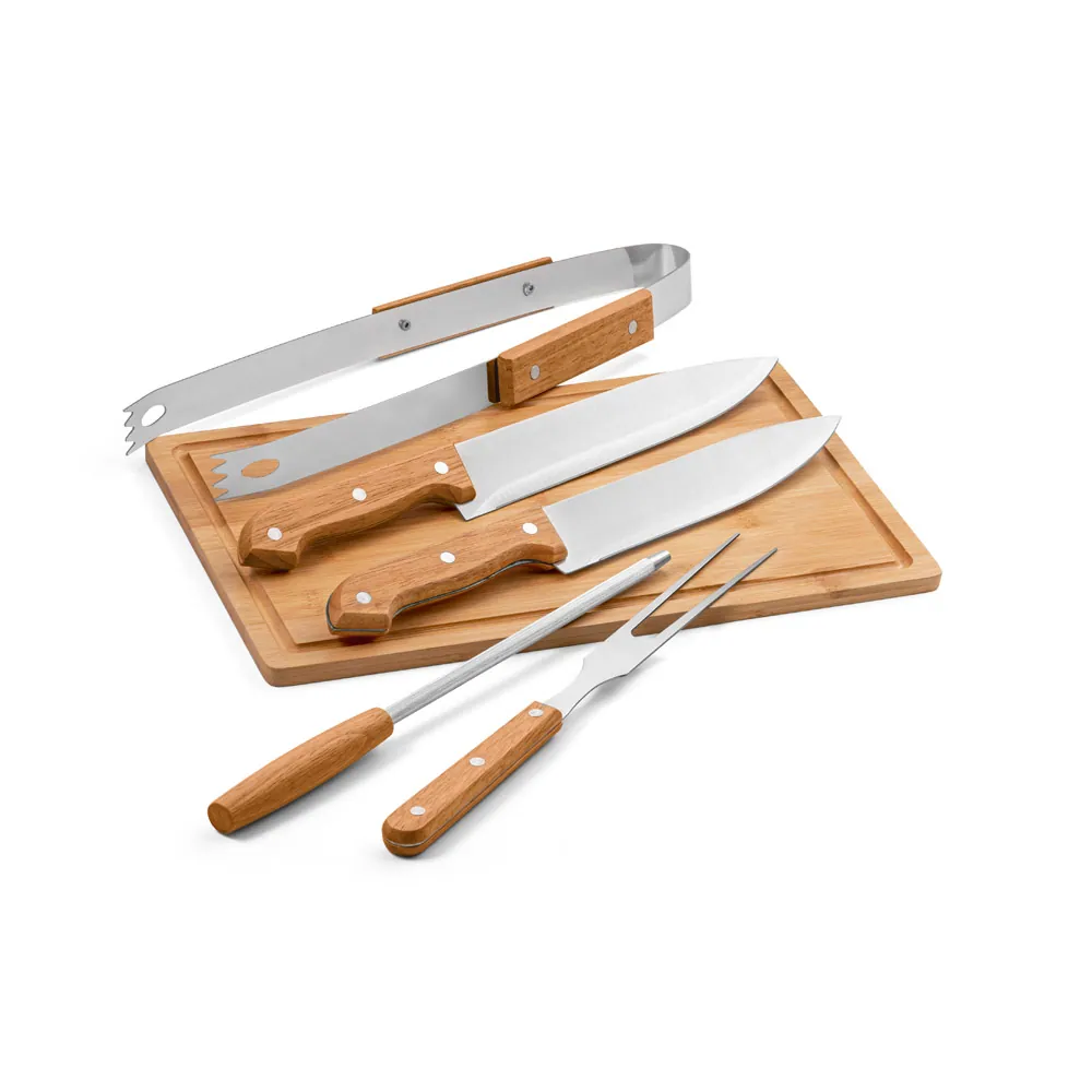 GARLIC KING. Kit churrasco em estojo de 210D com tábua em bambu e 5 utensílios em aço inox e madeira de Seringueira - Thumbnail 3