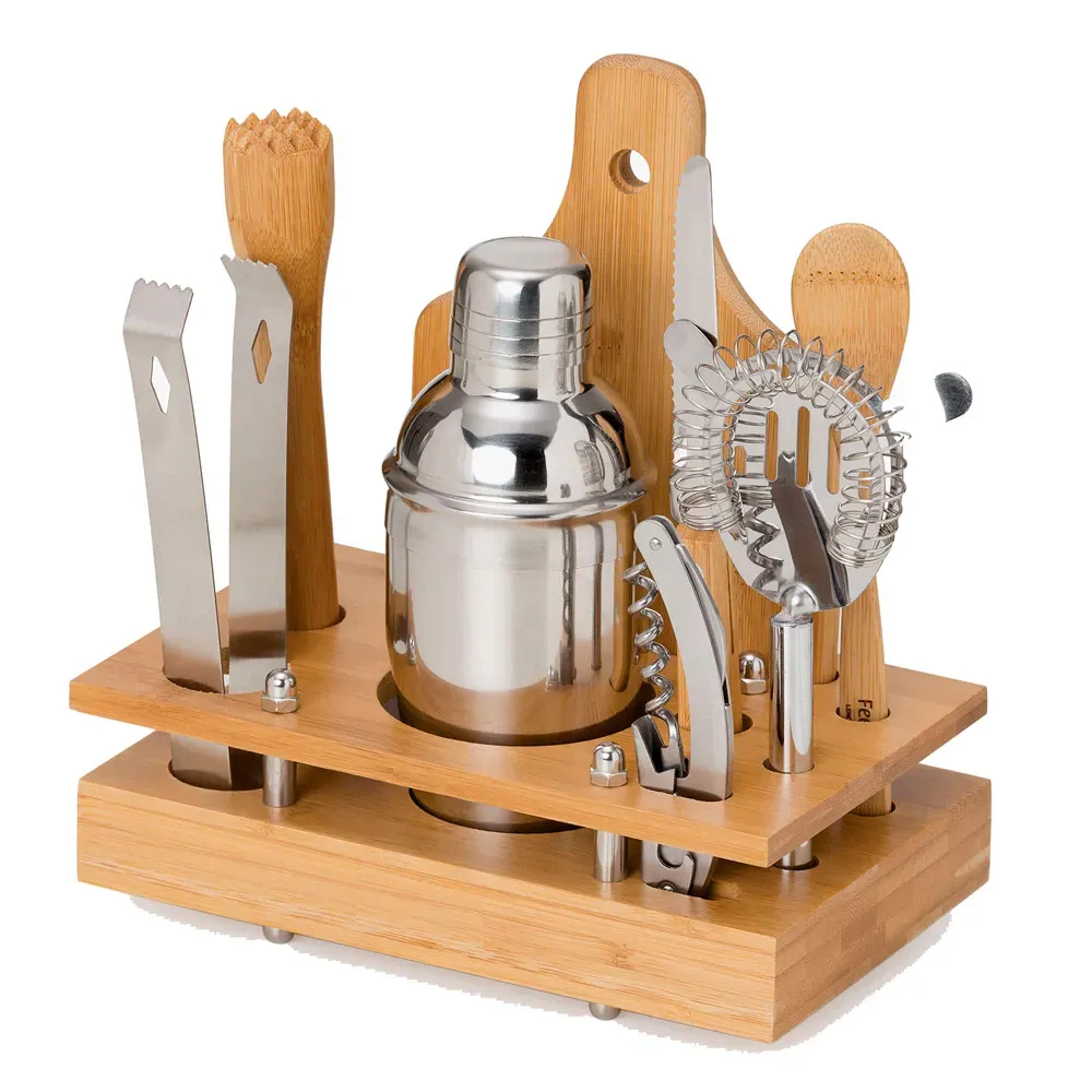 Conjunto Para Bar Em Bambu / Madeira / Inox - 8 Pçs