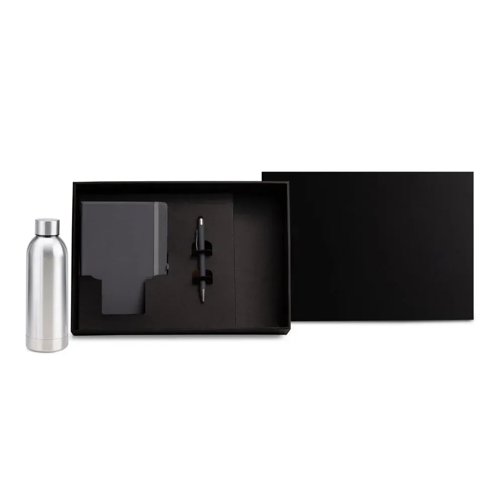 Kit Garrafa, Caderno E Caneta - Cinza/Prata - 3 Pçs