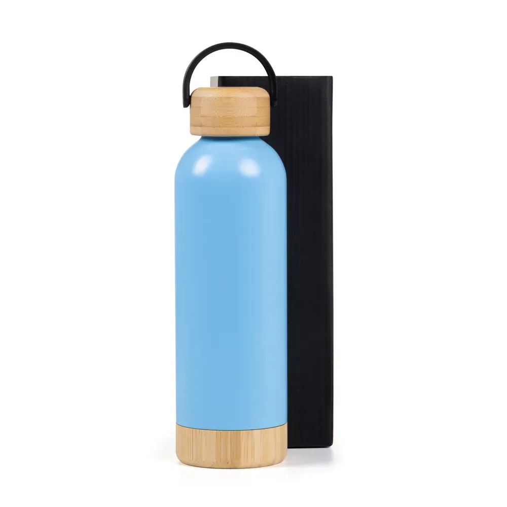 Garrafa Parede Dupla Com Detalhes Em Bambu - Azul - 500 Ml - Thumbnail 2