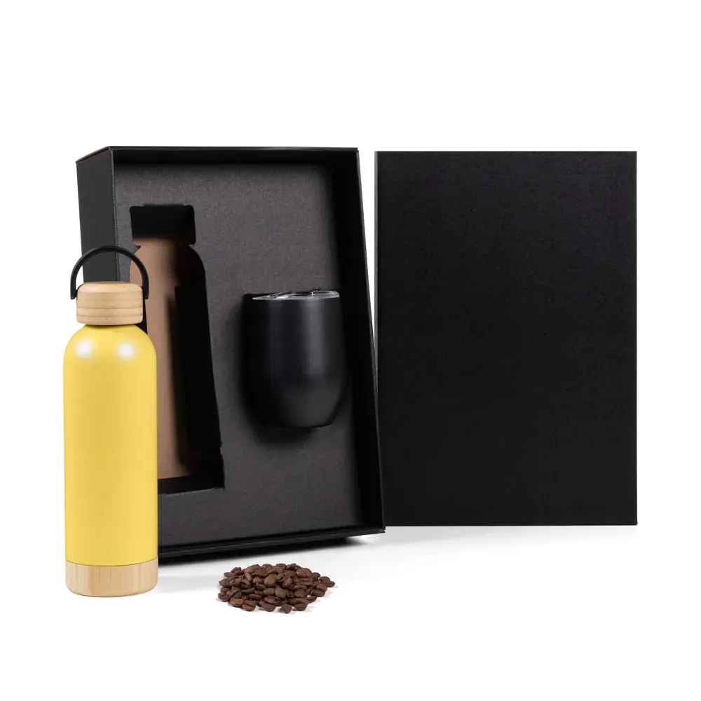 Kit Garrafa E Copo Térmico - Amarelo/Preto - 2 Pçs