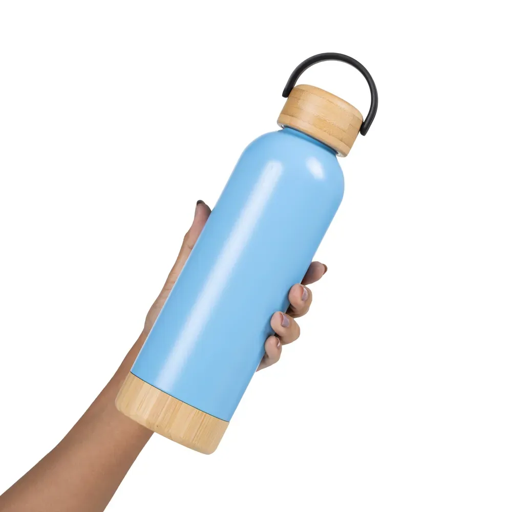Garrafa Parede Dupla Com Detalhes Em Bambu - Azul - 500 Ml - Thumbnail 5