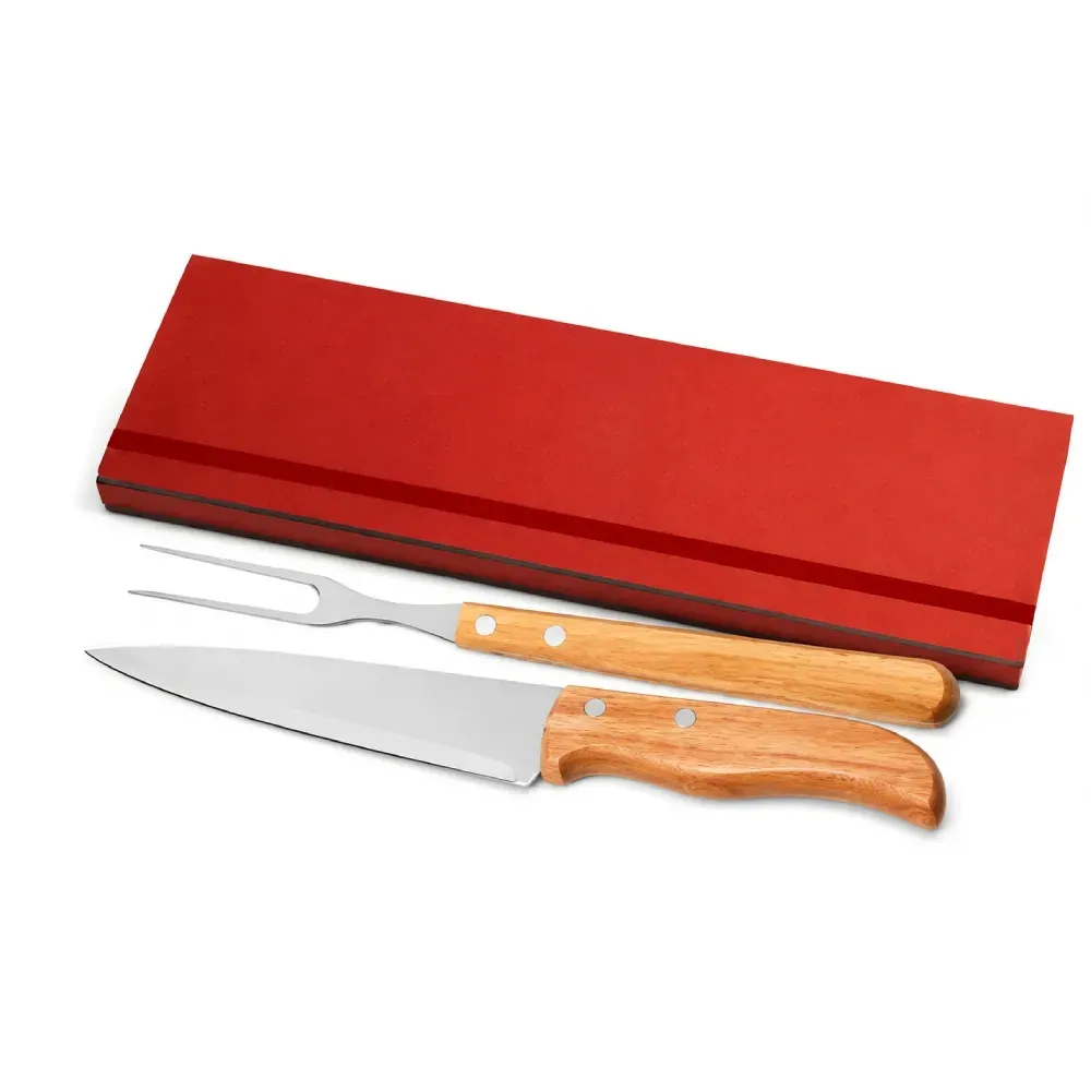 Conj. De Garfo E Faca Inox / Madeira / Bambu Com Estojo Vermelho - 3 Pçs