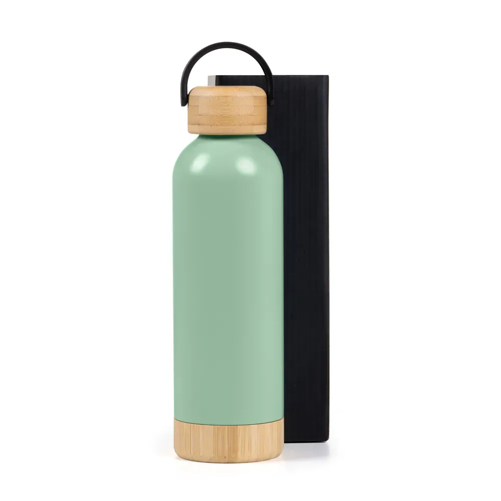 Garrafa Parede Dupla Com Detalhes Em Bambu - Verde - 500 Ml - Thumbnail 2