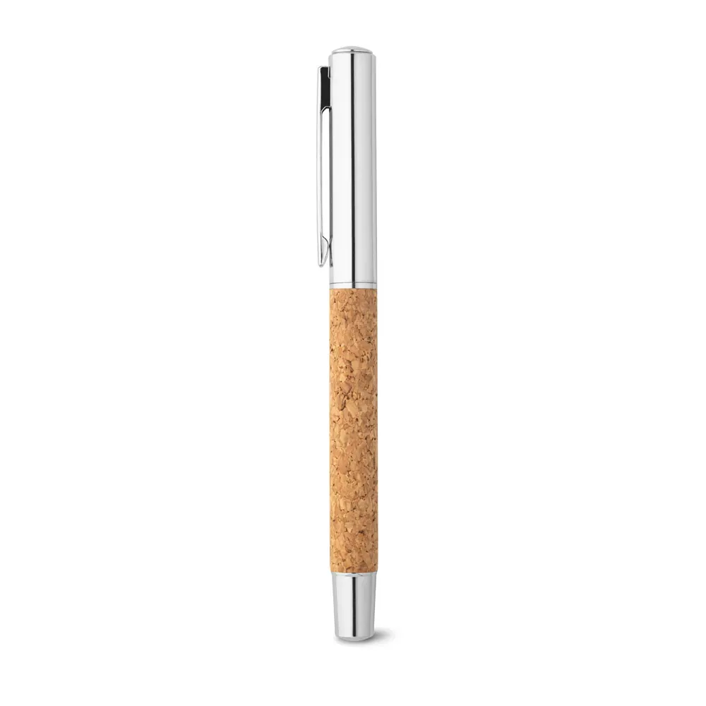 ANDREW. Caneta roller em aço inox 90% reciclado e cortiça com escrita em azul - Thumbnail 9