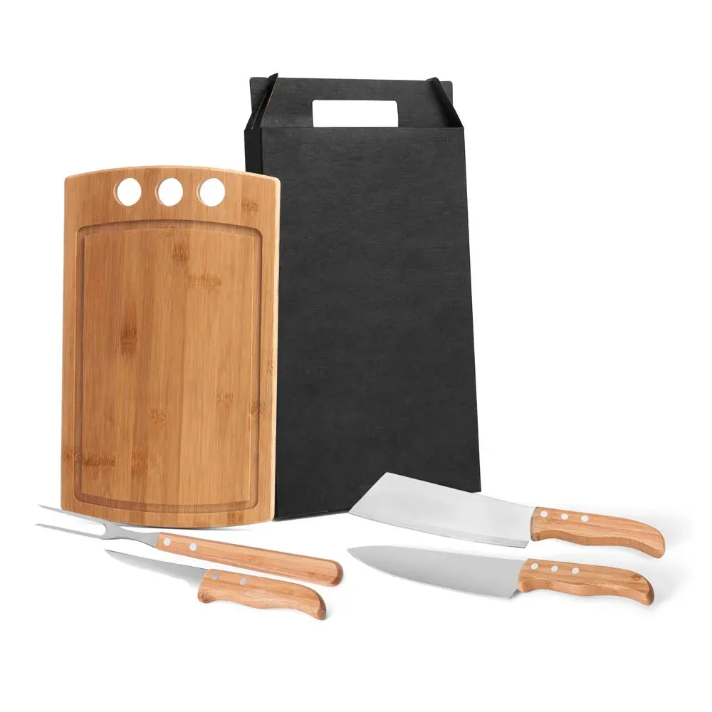 Conjunto Para Churrasco E Cozinha Em Bambu / Madeira / Inox - 5 Pçs