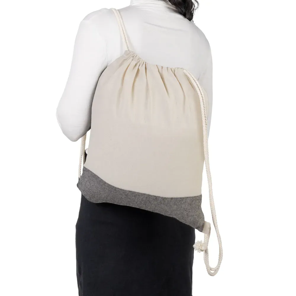 Mochila Sacola Em Algodão Reciclado - Bege Natural / Melange Cinza - 37X41Cm - Thumbnail 5