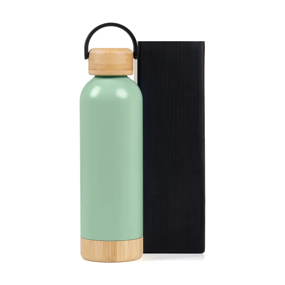 Garrafa Parede Dupla Com Detalhes Em Bambu - Verde - 500 Ml
