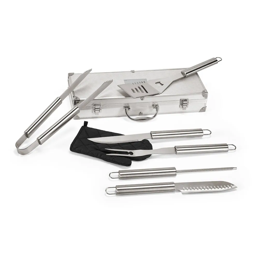 MACE. Kit churrasco em estojo de alumínio com luva de cozinha em poliéster e 6 utensílios em aço inox - Thumbnail 6