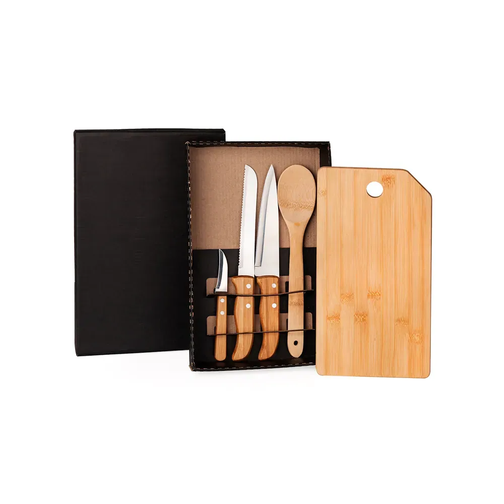 Kit Para Cozinha/Pão Em Bambu/Inox- 5 Pçs