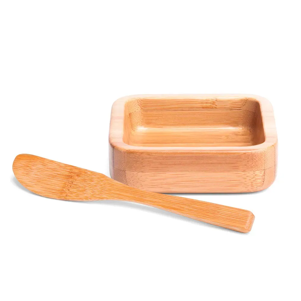 Cumbuca Quadrada Em Bambu Com Espátula 14Cm - 100Ml