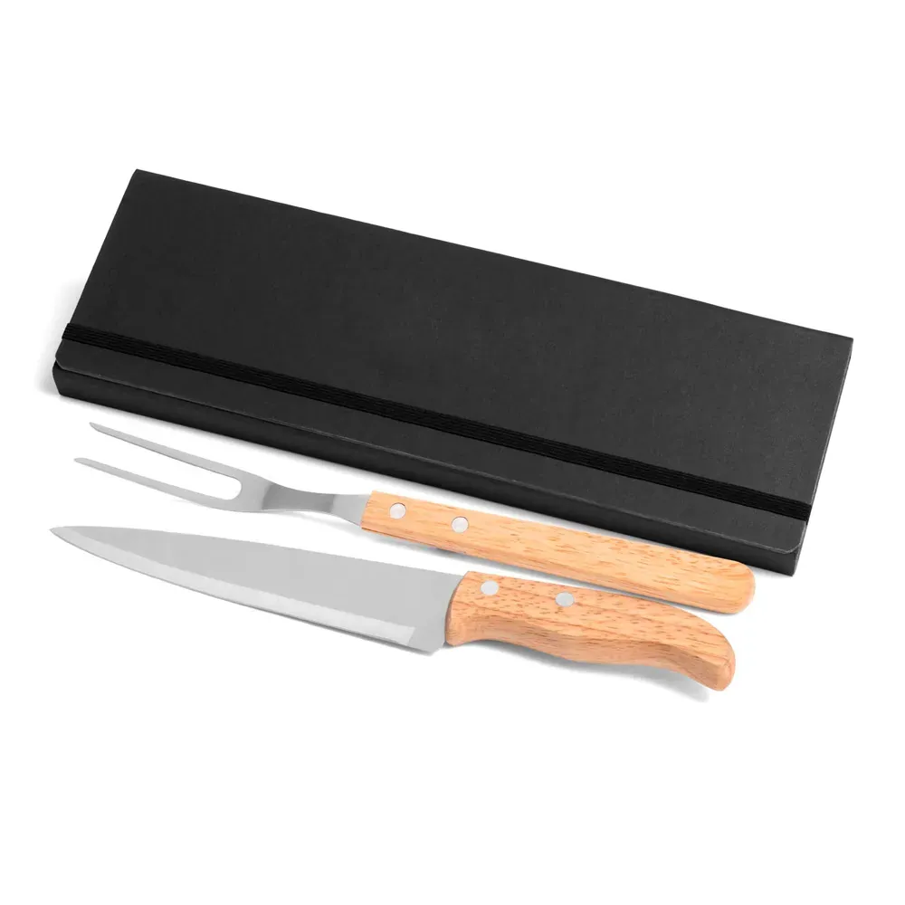 Conj. De Garfo E Faca Inox / Madeira Com Estojo Preto - 3 Pçs