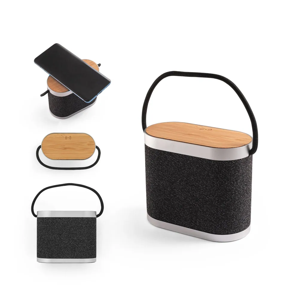 GUETTA. Caixa de som de 5W com carregador por indução super-rápido e autonomia de 2h (1.200 mAh), em bambu e PET 100% reciclado