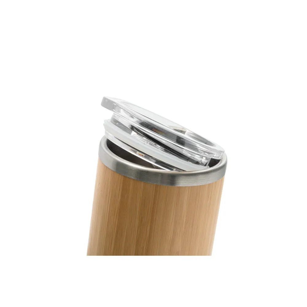 LYCKA. Copo de viagem térmico em aço inox e bambu, de parede dupla isolada a ar e fecho deslizante (350 mL) - Thumbnail 3