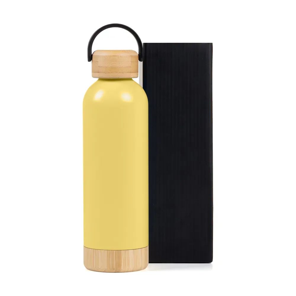 Garrafa Parede Dupla Com Detalhes Em Bambu - Amarela - 500 Ml