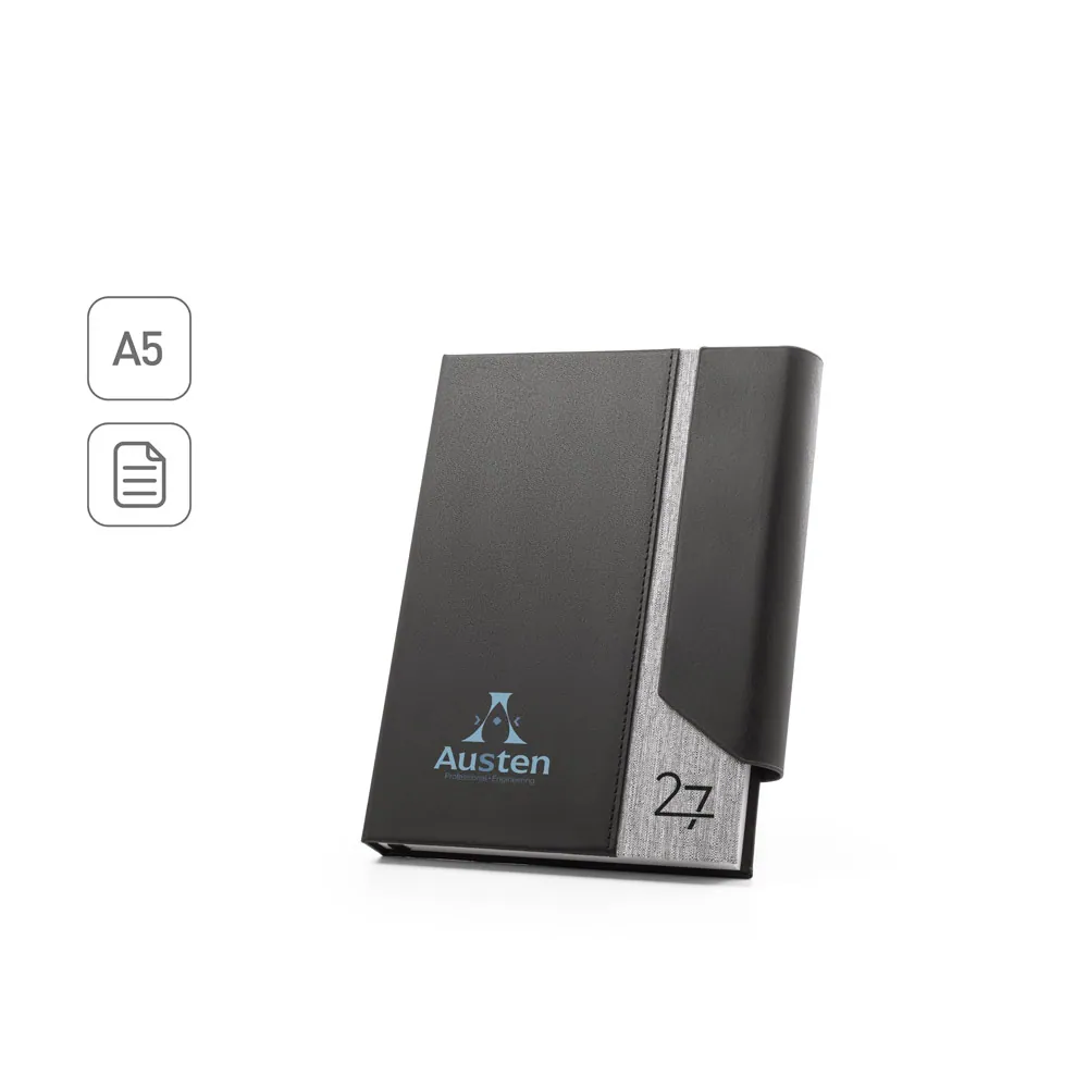 AUSTEN A5. Agenda A5 em PU (58% reciclado) e PET reciclado (100% rPET) 300D