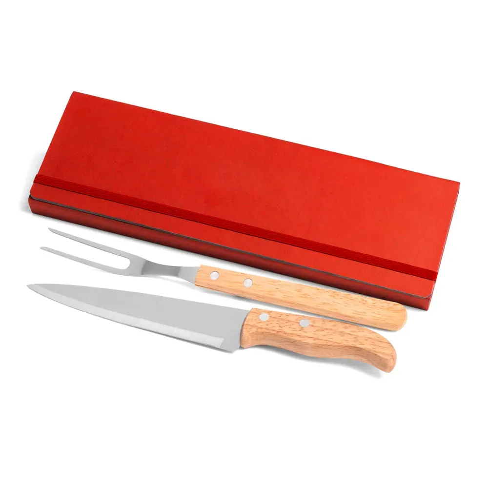 Kit Garfo E Faca Inox / Madeira Com Estojo Vermelho 3 Pçs
