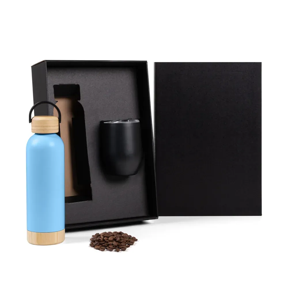 Kit Garrafa E Copo Térmico - Azul/Preto - 2 Pçs