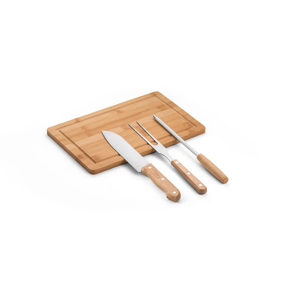 MOUSSAKA. Kit churrasco em estojo de 210D com tábua em bambu e 3 utensílios em aço inox e madeira de Seringueira - Thumbnail 2