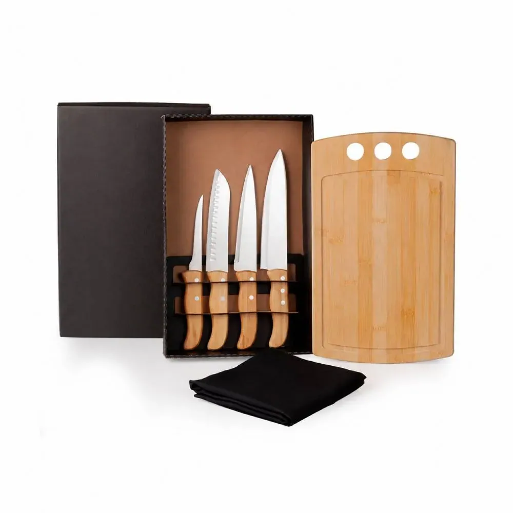 Kit Para Cozinha Em Bambu / Madeira / Inox Com Avental - 6 Pçs