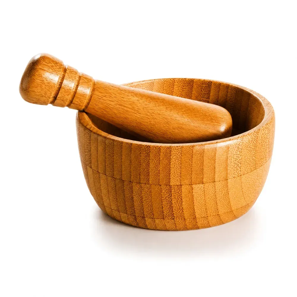 Amassador De Temperos Em Bambu Com Pilão De 10Cm