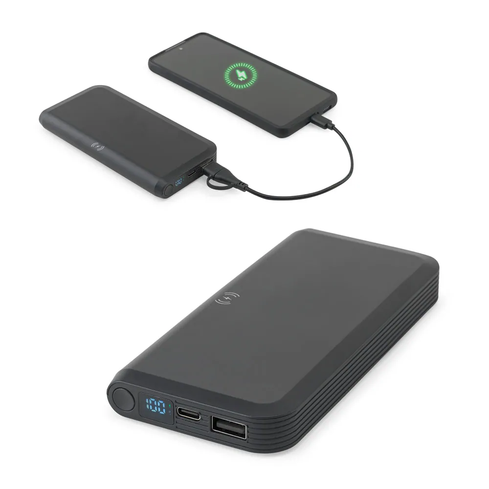 BECKER 10. Bateria portátil com carregador por indução super-rápido (10.000 mAh), em ABS 100% reciclado
