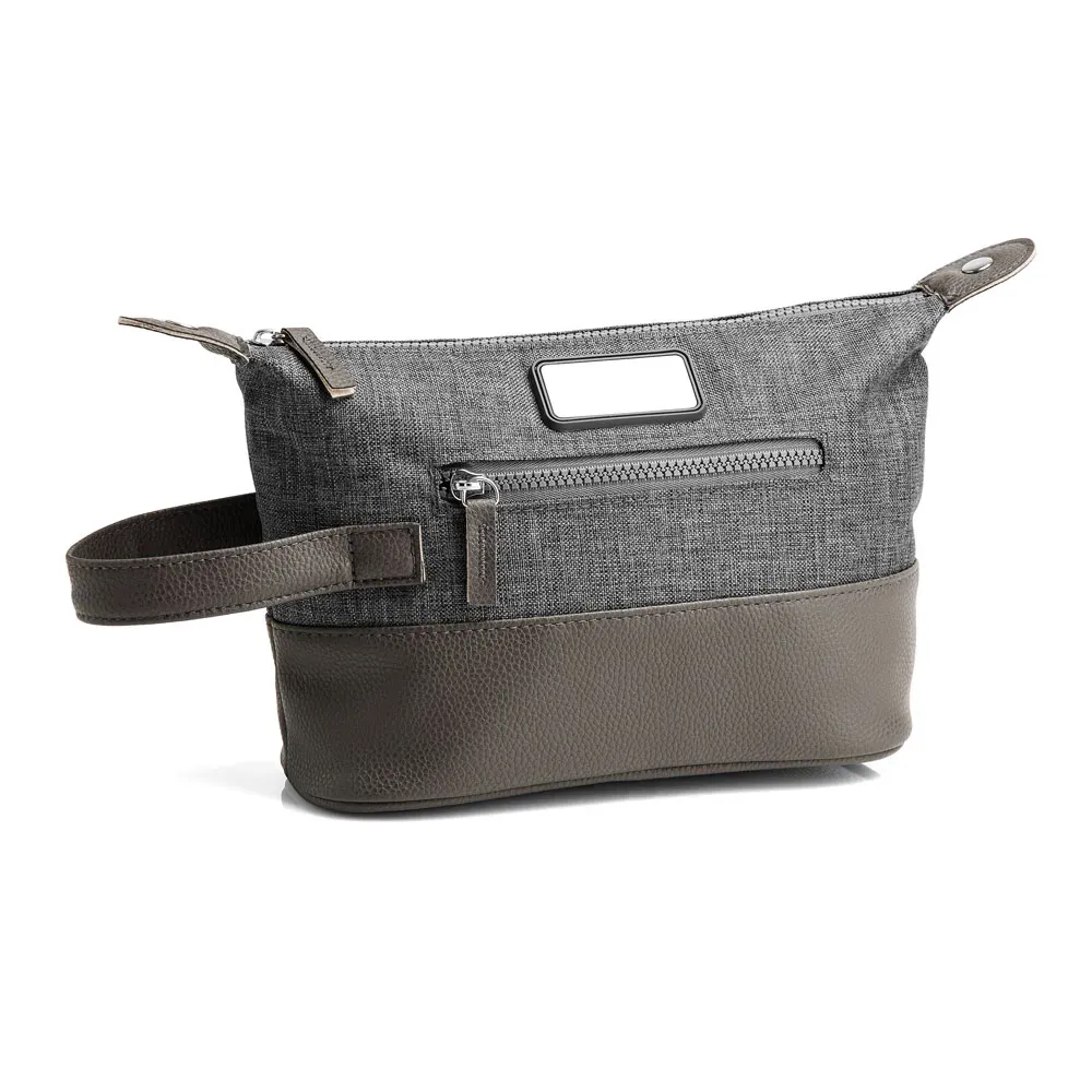 Necessaire Em Poliester 300D Com Detalhes Em Couro - Cinza